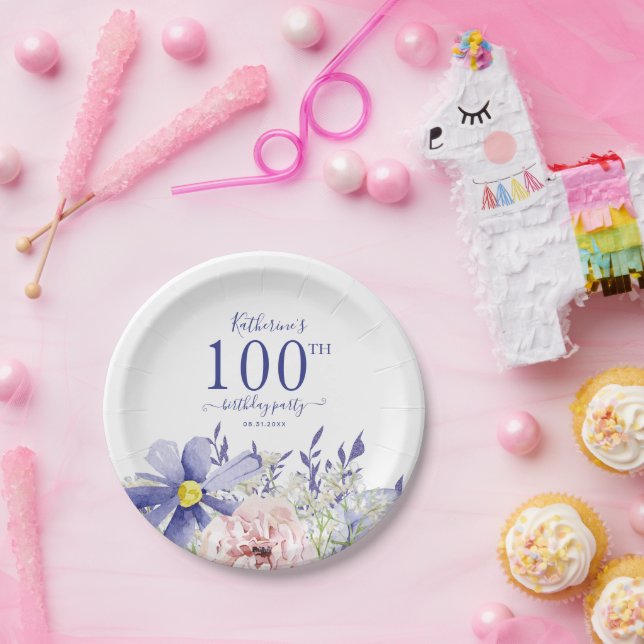 Prato De Papel Festa de aniversário 100ª Floral Púrpura Elegante (Festa)