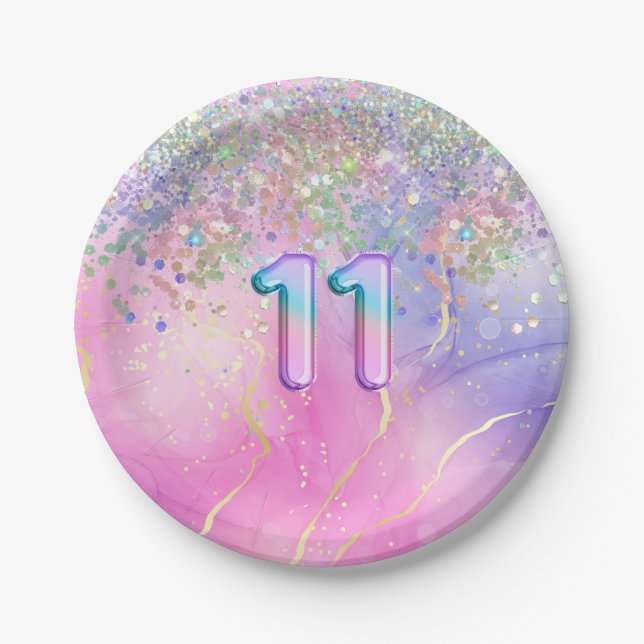 Prato De Papel Festa de aniversário 11 Arco-Íris (Frente)