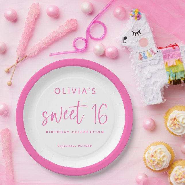 Prato De Papel Festa de aniversário 16 Hot Pink do Script Moderno (Festa)