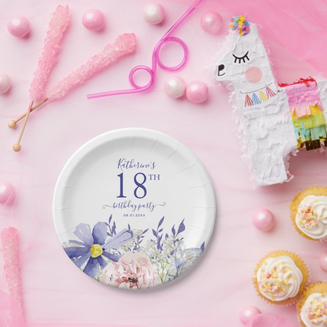 Prato De Papel Festa de aniversário 18ª Floral Púrpura Elegante (Festa)