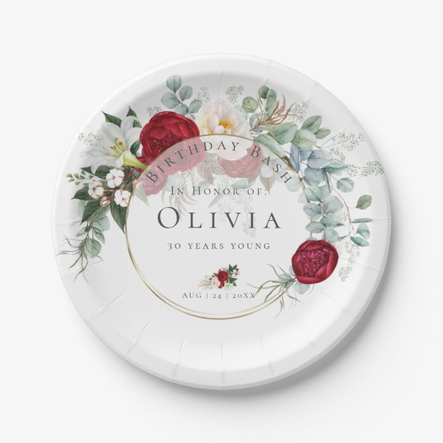 Prato De Papel Festa de aniversário | Buquê vermelho-vibrante (Frente)