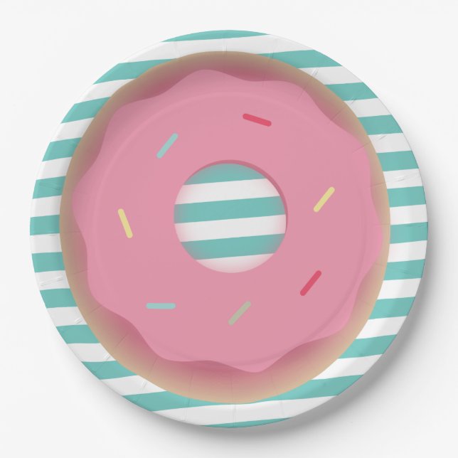 Prato De Papel Festa de Aniversário com Donut e Listras 2D (Frente)