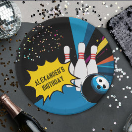 Prato De Papel Festa de aniversário da Boliche preta azul-retráti