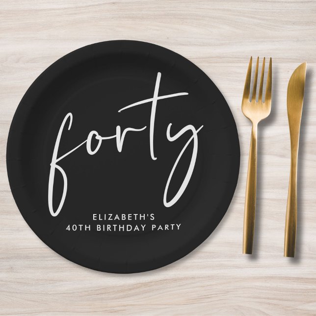 Prato De Papel Festa de aniversário de 40 anos Branco Chic Black (Criador carregado)