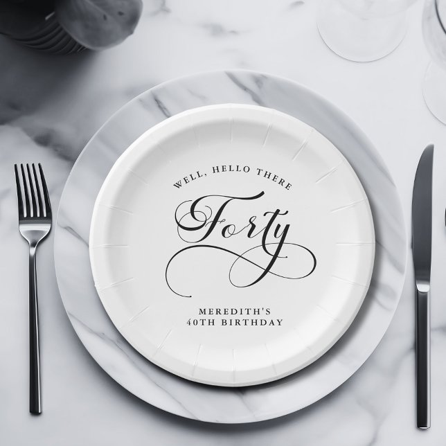 Prato De Papel Festa de aniversário de 40 anos da Caligrafia Eleg (Elegant Swirly Calligraphy 40th Birthday Party Personalized Paper Plates)