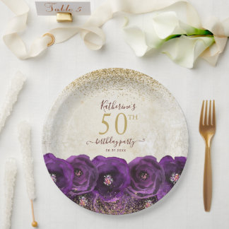 Prato De Papel Festa de Aniversário de 50 anos em Floral Roxa Ele