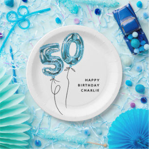 Prato De Papel Festa de Aniversário de 50 anos Minimal Azul 50 Ba