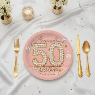Prato De Papel Festa de Aniversário de 50 Anos Pérola e Ouro Glam