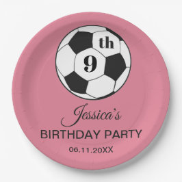 Prato De Papel Festa de Aniversário de 9 anos Futebol Rosa Menina