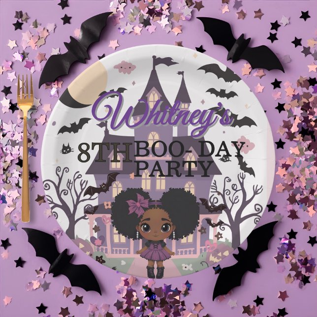 Prato De Papel Festa de aniversário de afro-puff Roxo (Spooky Girl Purple afro-puff Birthday Party Paper Plates)