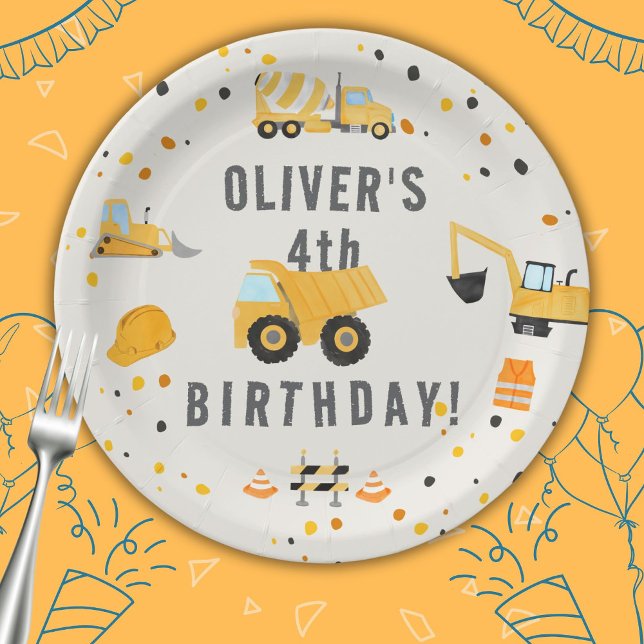 Prato De Papel Festa de aniversário de Caminhões de Construção (Criador carregado)