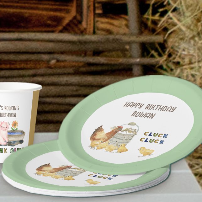 Prato De Papel Festa de Aniversário de criança de Frango com Cluc (Farm themed birthday party plates with personalized wording)