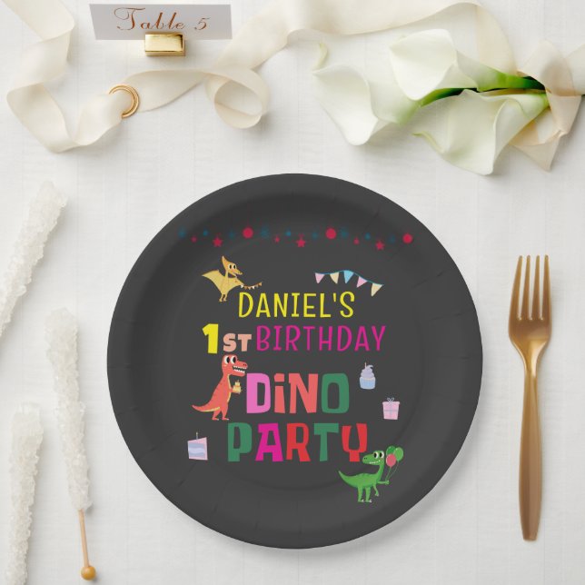 Prato De Papel Festa de aniversário de Dino Dinossaur Moderno e B (Casamento)