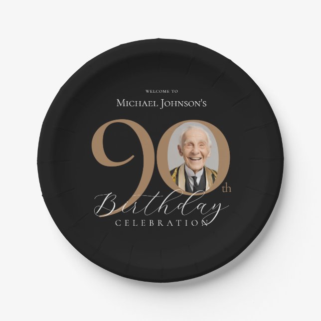 Prato De Papel Festa de aniversário de Foto Dourada Elegante (Frente)