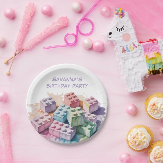 Prato De Papel Festa de aniversário de Garota de Bloco de Constru (Festa)