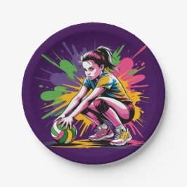 Prato De Papel Festa de aniversário de Garota de Voleibol Colorid