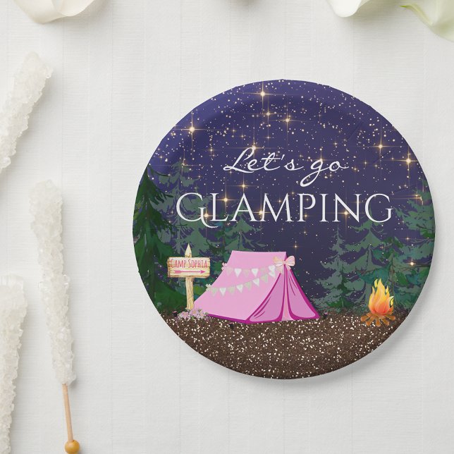 Prato De Papel Festa de aniversário de Garotas (Cute glamping camping paper plates. You can add your own text.)
