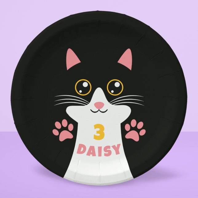 Prato De Papel Festa de aniversário de Gatinho Gatinho (Cute kitty cat birthday sticker for kid's bday party oversize cat face with custom name and age)