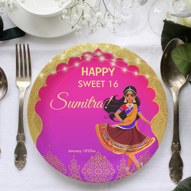 Prato De Papel Festa de aniversario de meninas de Bollywood (Indian Bollywood girls birthday party template printed Paper Plates pink and gold cute cartoon)