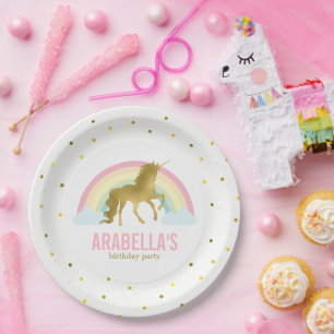 Prato De Papel Festa de aniversario de meninas Dourada do Unicorn