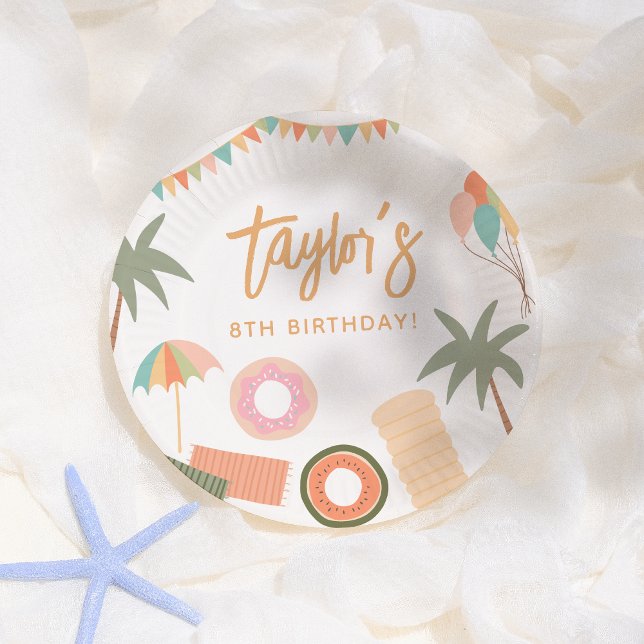 Prato De Papel Festa de aniversário de Piscina da Summer Fun Girl (Criador carregado)