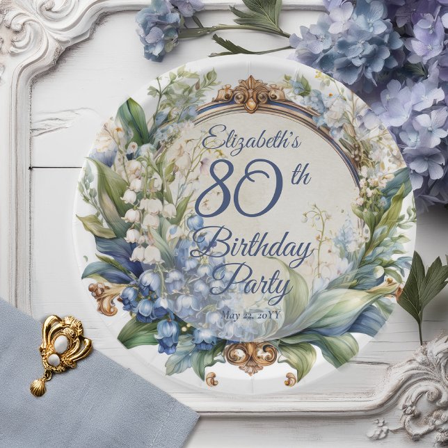 Prato De Papel Festa de aniversário de Quadro Floral Barroco Eleg (Elegant Baroque Lily of the Valley and Hawthorn Floral Frame 80th Birthday Party Paper Plates)
