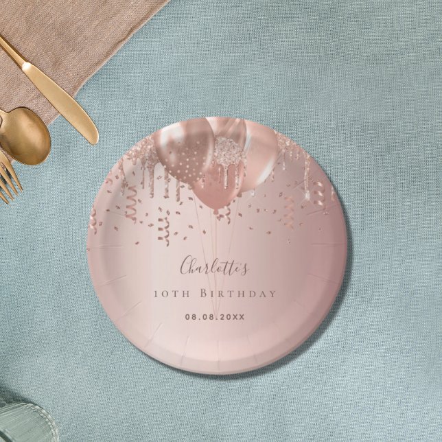 Prato De Papel Festa de aniversário de rosa de balões dourados (Criador carregado)