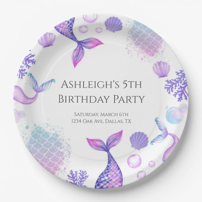 Prato De Papel Festa de aniversário de Sereia Roxa (Frente)