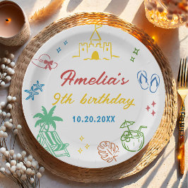 Prato De Papel Festa de Aniversário de Verão Tropical na Praia