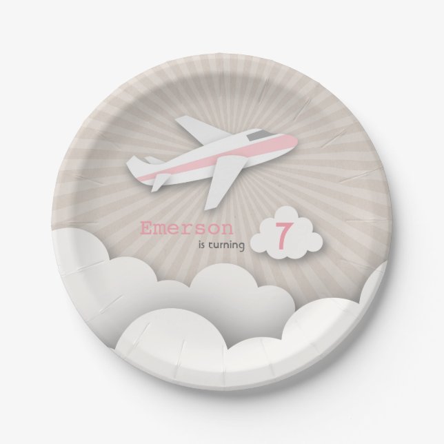 Prato De Papel Festa de aniversário do avião - rosa (Frente)