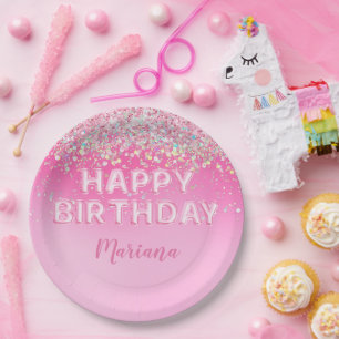 Prato De Papel Festa de aniversário do balão cor-de-rosa