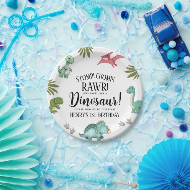 Prato De Papel Festa de aniversário do dinossauro (Festa)
