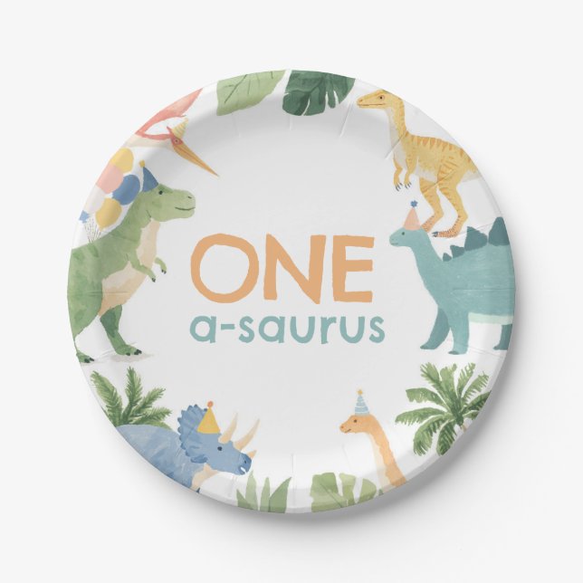 Prato De Papel Festa de aniversário do dinossauro (Frente)