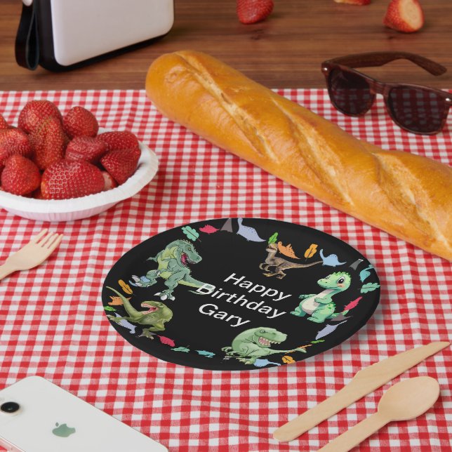 Prato De Papel Festa de aniversário do dinossauro a preto (Piquenique)