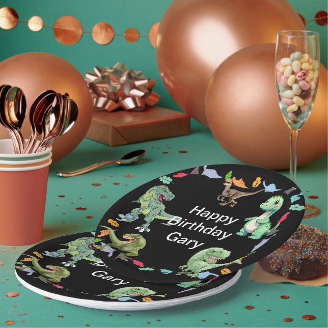 Prato De Papel Festa de aniversário do dinossauro a preto (Múltiplo)