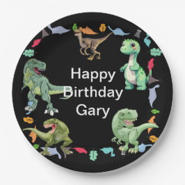 Prato De Papel Festa de aniversário do dinossauro a preto
