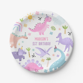 Prato De Papel Festa de aniversário do Dinossauro Rosa