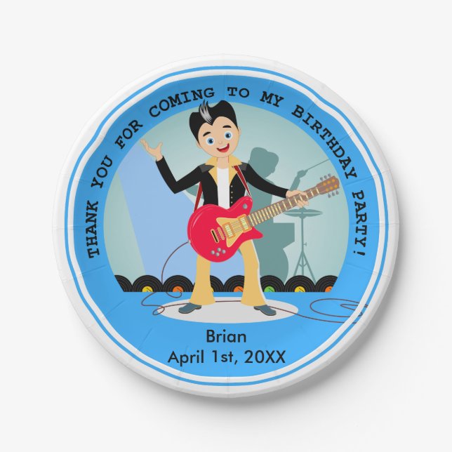 Prato De Papel Festa de aniversário do menino da estrela do rock (Frente)