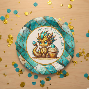 Prato De Papel Festa de aniversário do Rapaz do Dragão Teal Doura
