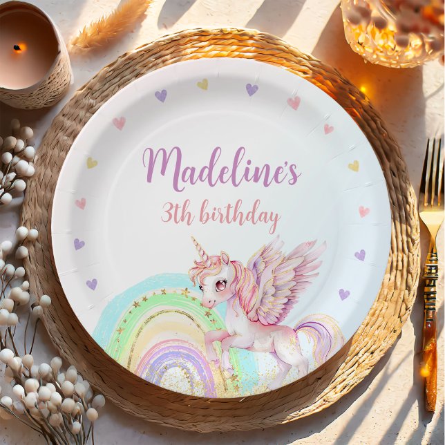 Prato De Papel Festa de aniversário Dourada Mágica do Arco-Íris U (Criador carregado)