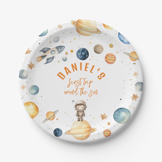 Prato De Papel Festa de aniversário Espacial Primeira Viagem Em T (Frente)