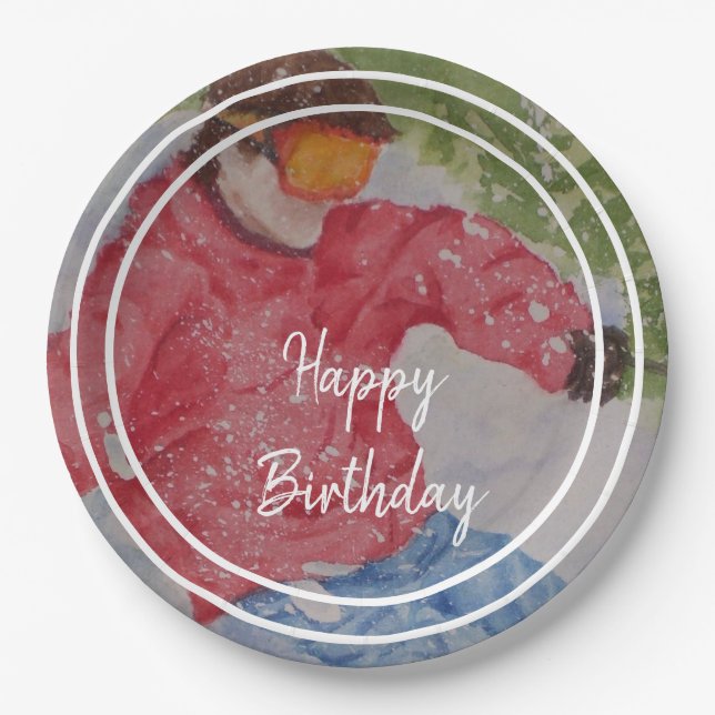 Prato De Papel Festa de Aniversário Feliz de Down Hill Skier (Frente)