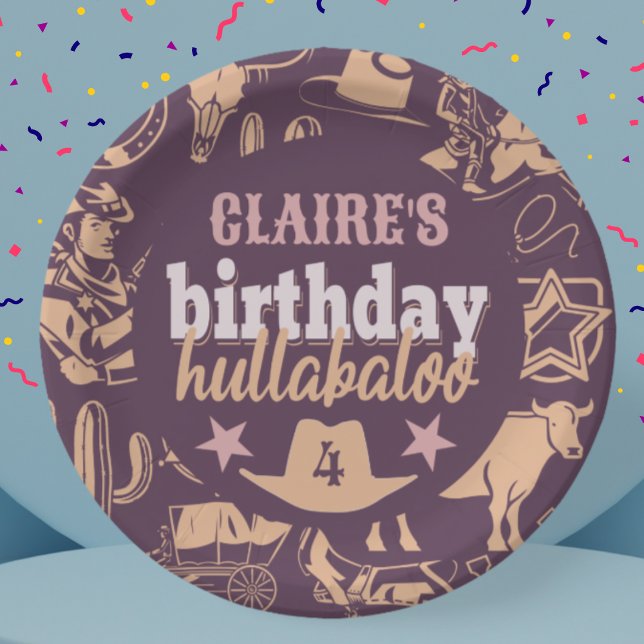 Prato De Papel Festa de "Aniversário Hullabaloo" Ocidental do Cow (birthday hullabaloo plates western cowboy theme with custom name and age purple orange pink colors)