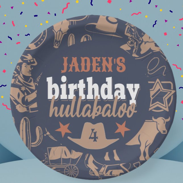 Prato De Papel Festa de "Aniversário Hullabaloo" Ocidental do Cow (birthday hullabaloo cowboy plate western Wild West theme blue orange tan white colors custom name)