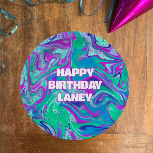 Prato De Papel Festa de aniversário legal de Glitter Glitter Aqua (Personalize with name vibrant teal purple swirl glitter happy birthday slime party paper plates
)