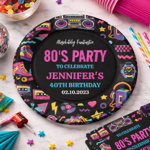 Prato De Papel Festa de Aniversário Moderno Retro Neon dos Anos 8