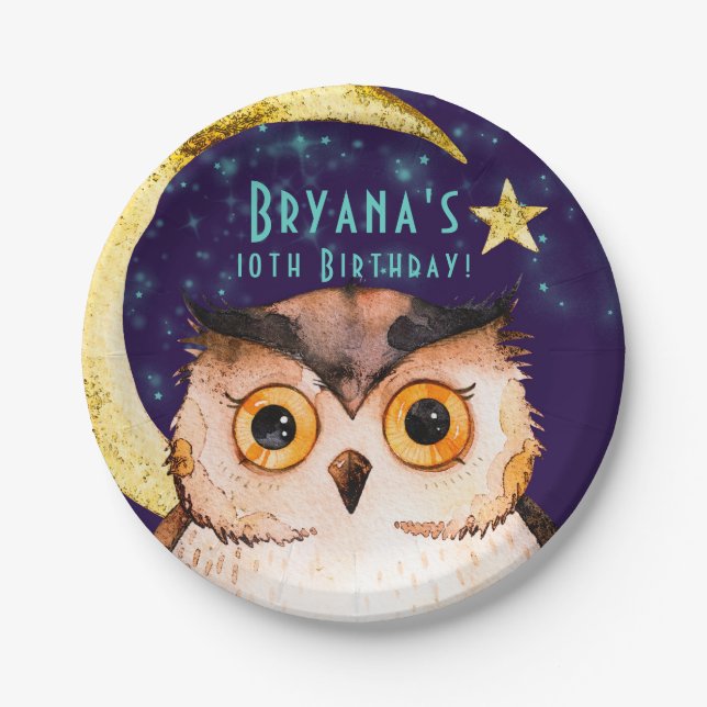 Prato De Papel Festa de Aniversário Noturna Roxa da Coruja Noturn (Frente)