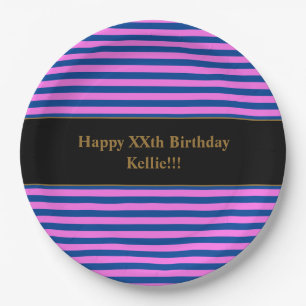 Prato De Papel Festa de aniversário Pink/Blue Strips Personalizad