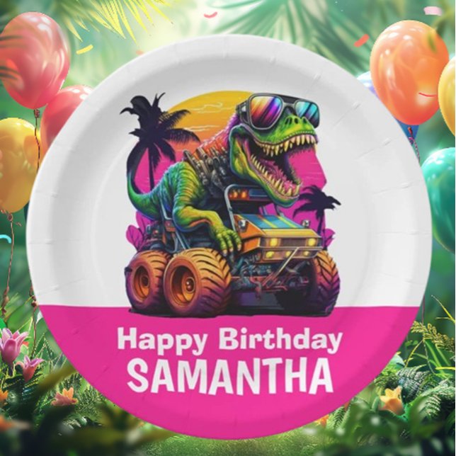 Prato De Papel Festa de aniversário PINK Dino-Mite MONSTER TRUCK (Celebrate your little one's birthday in style with our PINK Dino-Mite MONSTER TRUCK )