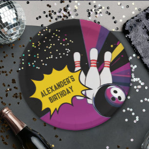 Prato De Papel Festa de aniversário Retro Boliche Rosa Púrpura